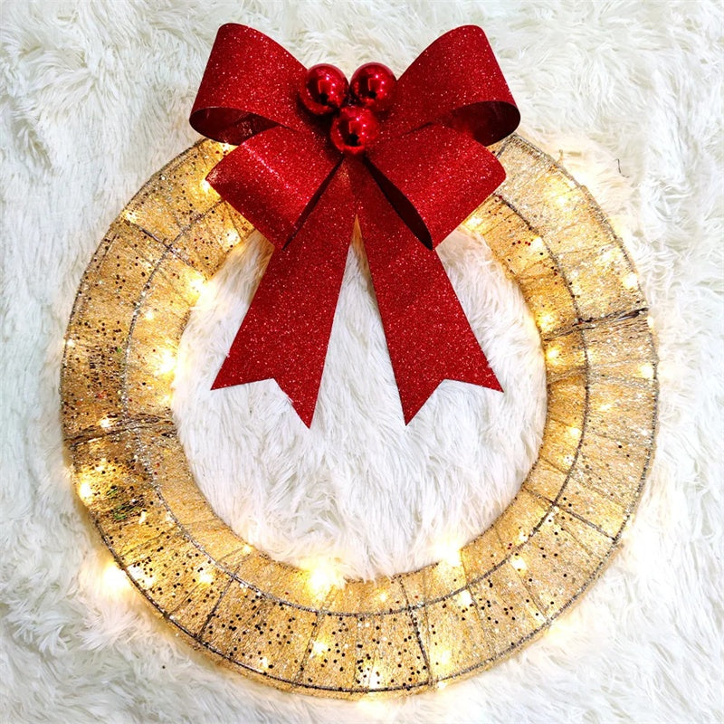 Christmas Garland 50CM Luminous LED Warm Light Metal Luminous Wreath With Big Bowknot Christmas Front Door Home Holiday Party Door Hanging Decor - AA Trading