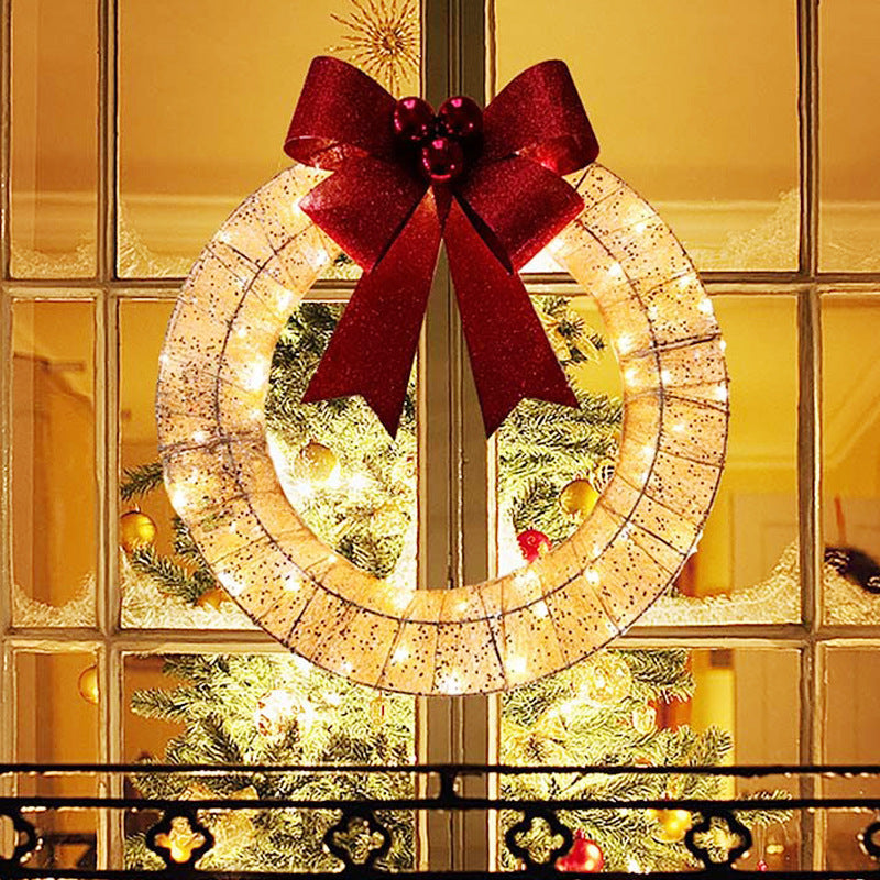 Christmas Garland 50CM Luminous LED Warm Light Metal Luminous Wreath With Big Bowknot Christmas Front Door Home Holiday Party Door Hanging Decor - AA Trading