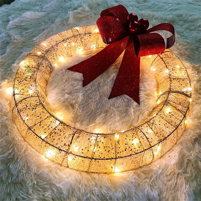 Christmas Garland 50CM Luminous LED Warm Light Metal Luminous Wreath With Big Bowknot Christmas Front Door Home Holiday Party Door Hanging Decor - AA Trading