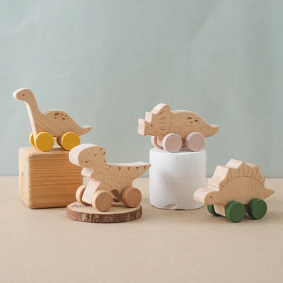 1 pc Beech Wood Montessori Toy Dinosaur with wheels multivariant - AA Trading