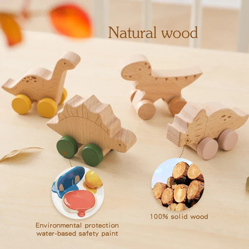 1 pc Beech Wood Montessori Toy Dinosaur with wheels multivariant - AA Trading