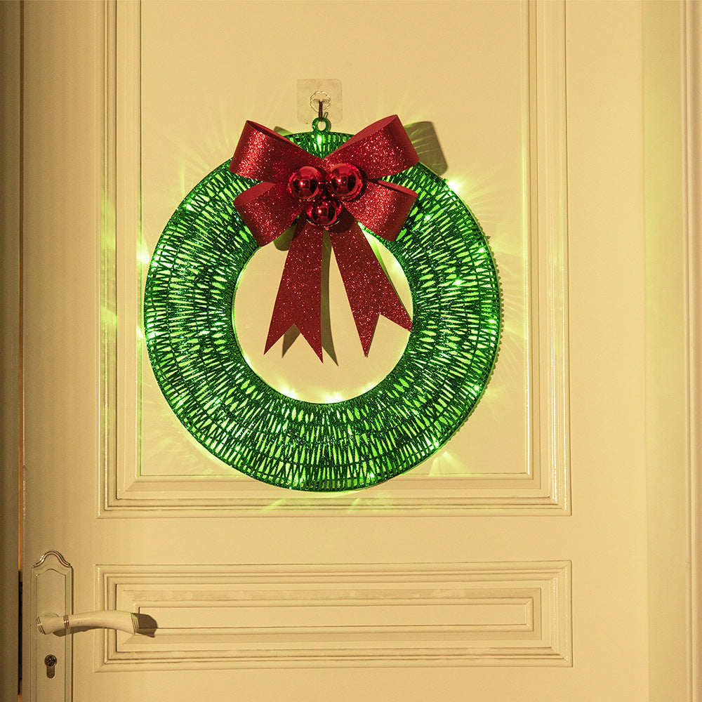 Christmas Garland 50CM Luminous LED Warm Light Metal Luminous Wreath With Big Bowknot Christmas Front Door Home Holiday Party Door Hanging Decor - AA Trading