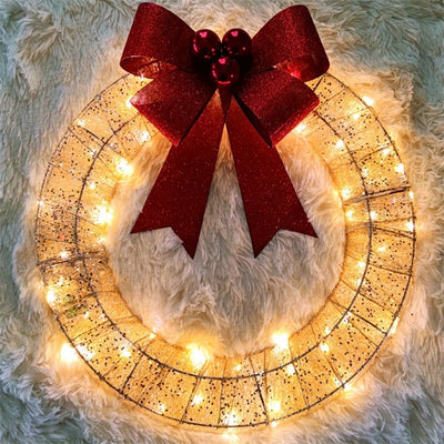 Christmas Garland 50CM Luminous LED Warm Light Metal Luminous Wreath With Big Bowknot Christmas Front Door Home Holiday Party Door Hanging Decor - AA Trading
